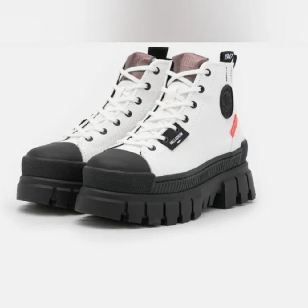 NEW Palladium Black White Canvas Chunky Lug Sole Y2K High Top Vegan Combat Boots - Picture 8 of 13